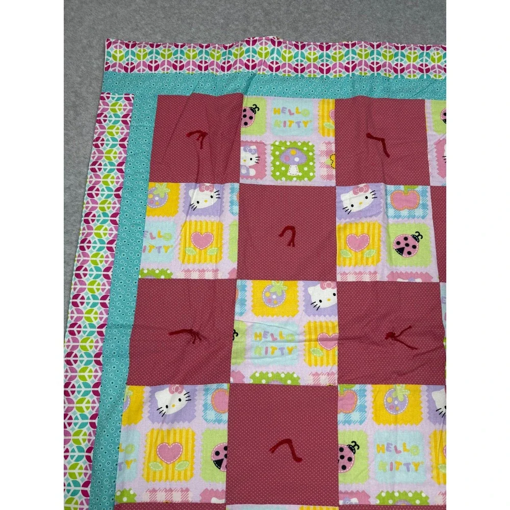 Handmade Hello Kitty Patchwork Baby Quilt Reversible Teddy Bear 34x34 Linus